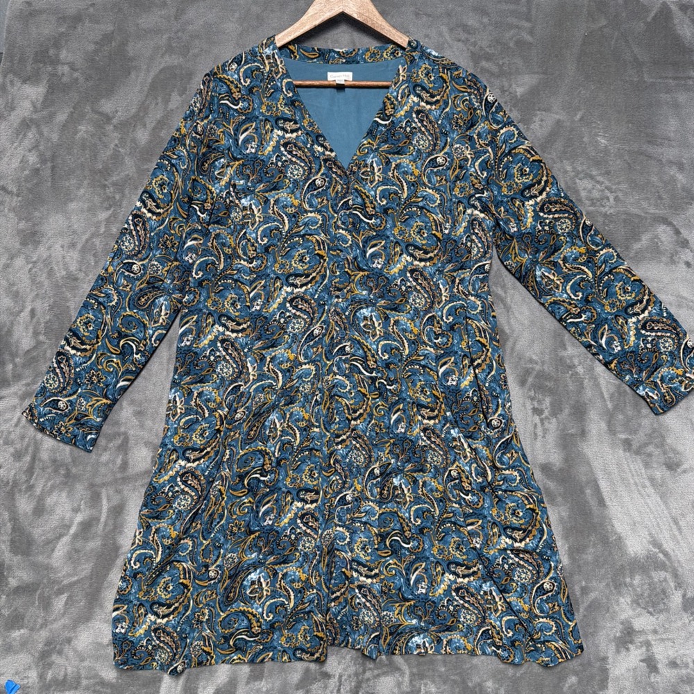Garnet Hill Paisley V-Neck Long Sleeve Dress‎ Womens 14 Drop Waist Lined Pockets